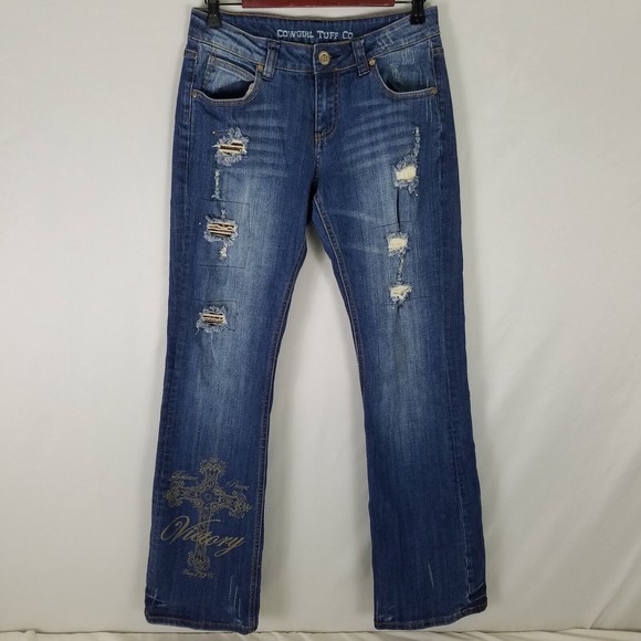 Cowgirl Tuff Jeans Women 28 x 33 Believe Bootcut Rhinestone Destroyed Blue Denim - Picture 1 of 16